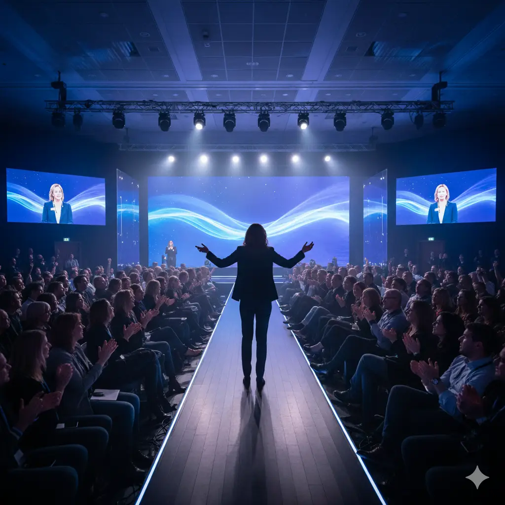 A woman giving a speech in a room full of people.