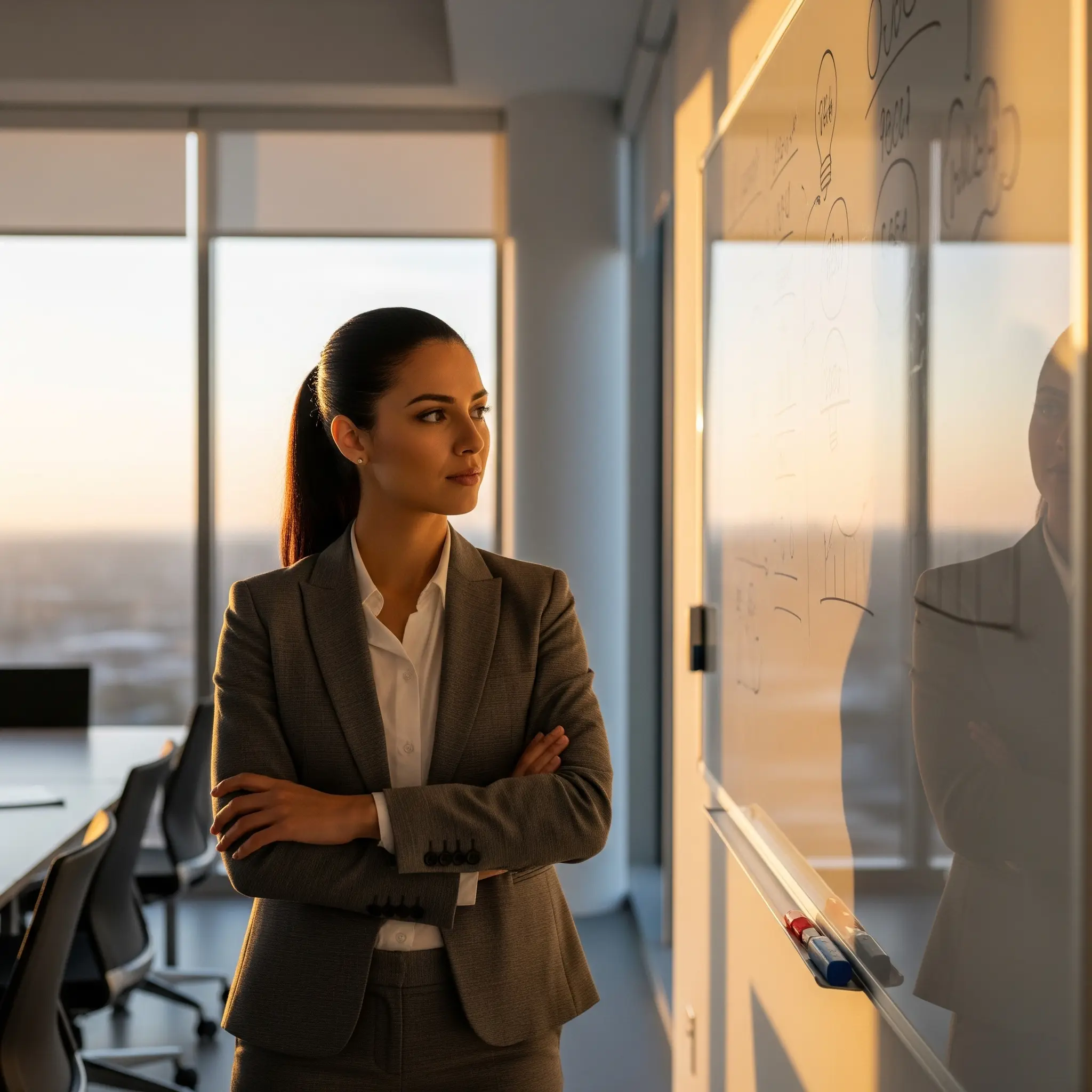 A woman is staring at the whiteboard.