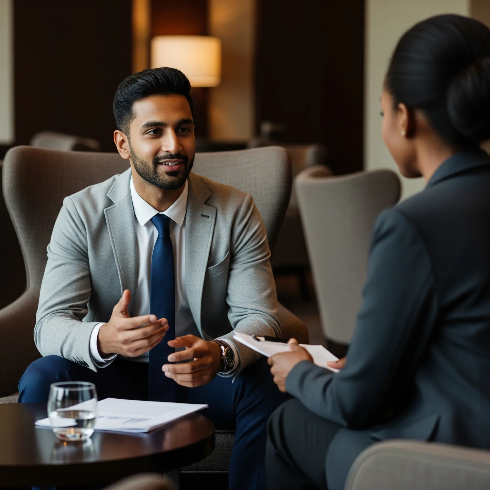 A man and woman are having a professional conversation.